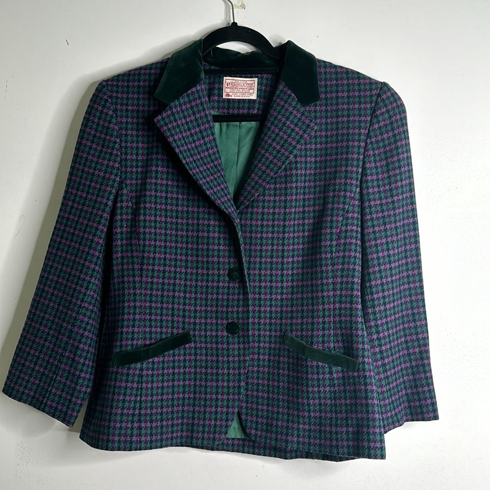 Pendleton houndstooth virgin wool blazer size 10 green blue purple holiday